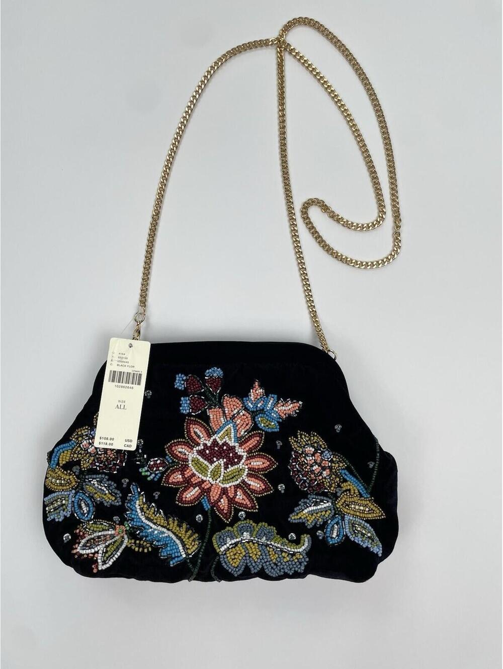 NWT Anthropologie Beaded Floral Velvet Clutch Shoulder Bag With Gold Chain Boho